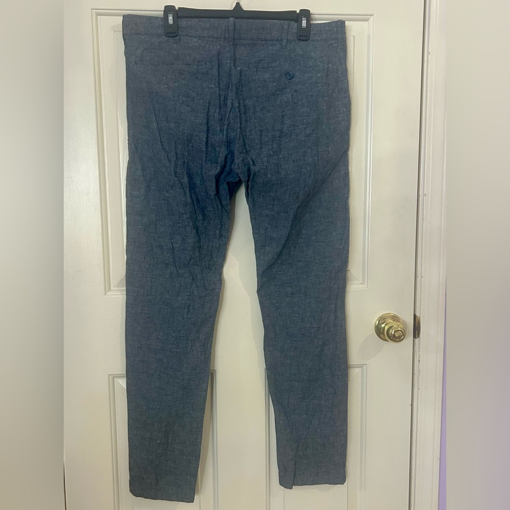 J Crew Driggs Pants Mens 35x32 Linen Blend Chambray Trouser Chino Blue Preppy - Picture 3 of 8